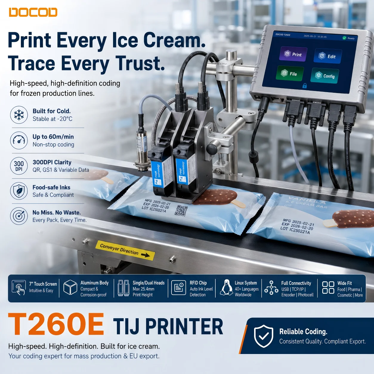 New DOCOD 25.4mm T260E Online Smart Tij Thermal Inkjet Printer Coding Machine for Expiry Date Coding Plastic Bottles Carton