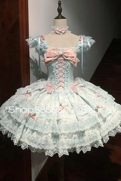 Vestidos cortos de fiesta de graduación con lazo verde menta, corsé con cordones y volantes, vestido de noche victoriano rococó, Cosplay personalizado