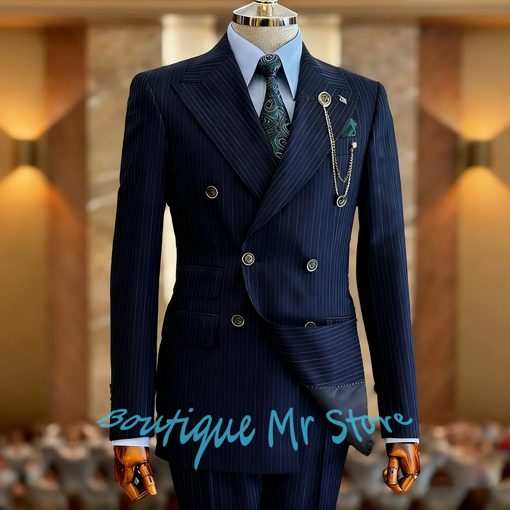 بدلات رسمية مخططة للرجال مزدوجة الصدر بلغت ذروتها التلبيب 2 قطعة (سترة + بنطلون) مجموعة براقة الأعمال مساء زي الحفلات