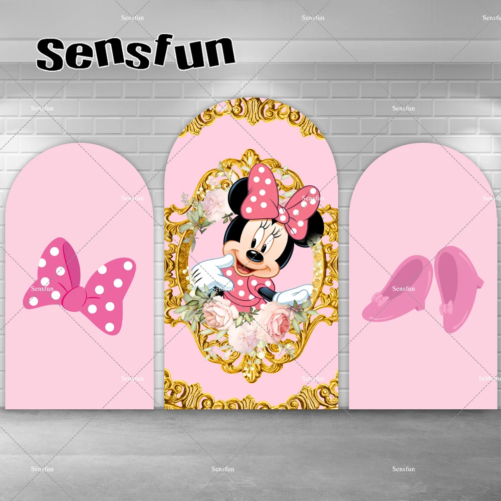

Disney Minnie Arch Backdrop Cover Red Flowers Gold Frame Bow Girls Baby Shower Birthday Chiara Wall Party Decoration Background