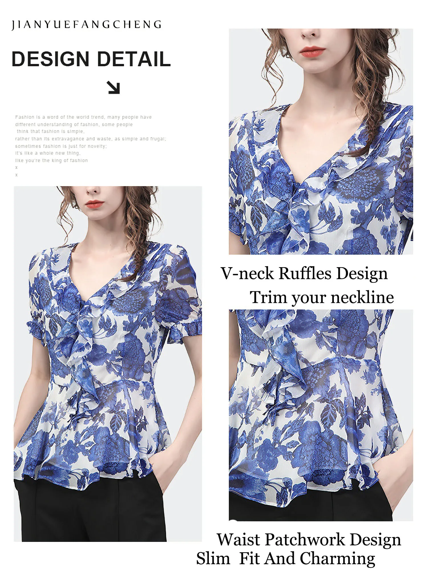 Fashion Blue Floral Printed Chiffon Blouse Women Short Sleeve V-Neck Ruffles Summer Tops Elegant Slim Fit Vintage Casual Shirts