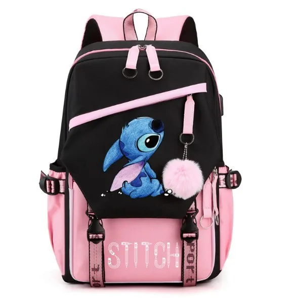 Disney Stitch Mochila para Mulheres, Carregamento USB, Sacos Escolares Kpop para Adolescentes, Laptop, Viagem, Capacidade, Original