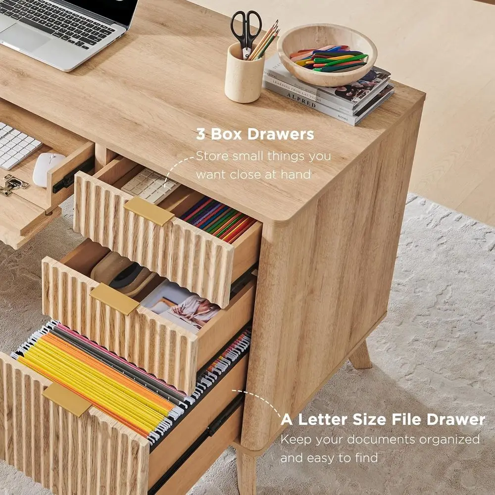 مكتب تنفيذي حديث مخدد مقاس 60 بوصة مع أدراج، ومحطة شحن، وخزانة ملفات، وصينية لوحة المفاتيح وخزانة تخزين للمنزل