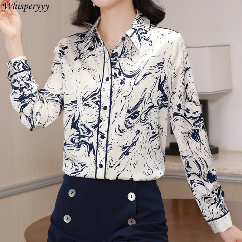 Spring New Women's Shirt Printed Commuter Tops Shirt Fashion Camisa Feminina Long-sleeved Turn Over Collar Button Blouse