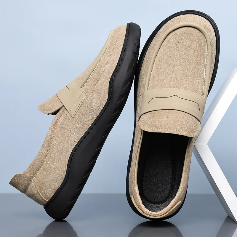 New Mens Suede Leather Penny Loafers Platform Slip on Flats Non Slip Soft Sole Business Shoes Casual Driving Daily Walking Shoes