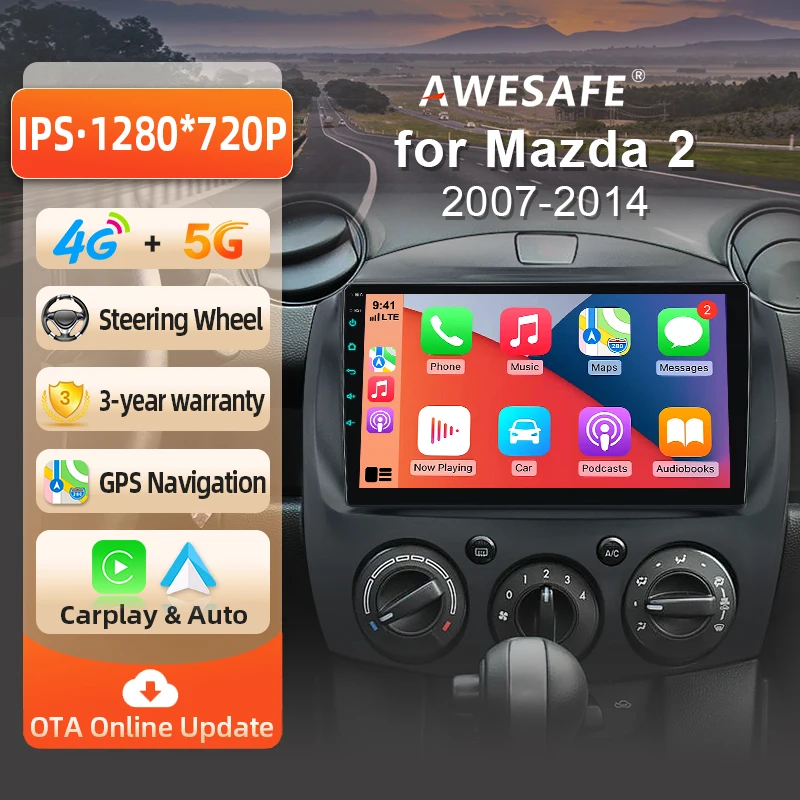 Autoradio Android AWESAFE 9 pouces pour MAZDA 2 Mazda 2 2007-2014, CarPlay et Android Auto sans fil, navigation GPS, support multimédia, commande au volant, amplificateur de subwoofer, caméra arrière, prise EU, Plug and Play, DAB+, autoradio numérique 2 DIN, stéréo RDS DSP FM WIFI