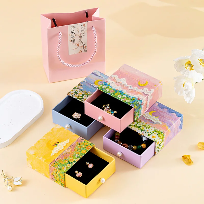 

Drawer Jewelry Packaging Box with Pearl Handle Necklace Ring Earrings Bracelet Storage Organizer Display Paper Gift Case Holder