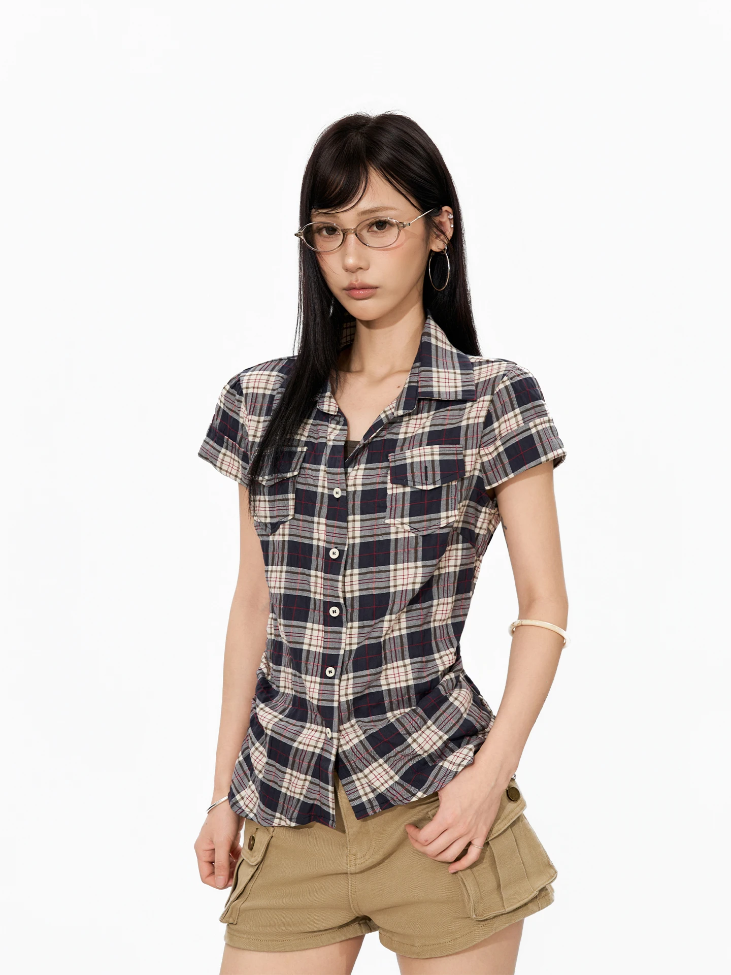 

Женская летняя рубашка S3T5 с цветными блоками и клетчатым узором, с коротким рукавом, приталенная, в американском стиле, стильная, повседневная, стройнящая