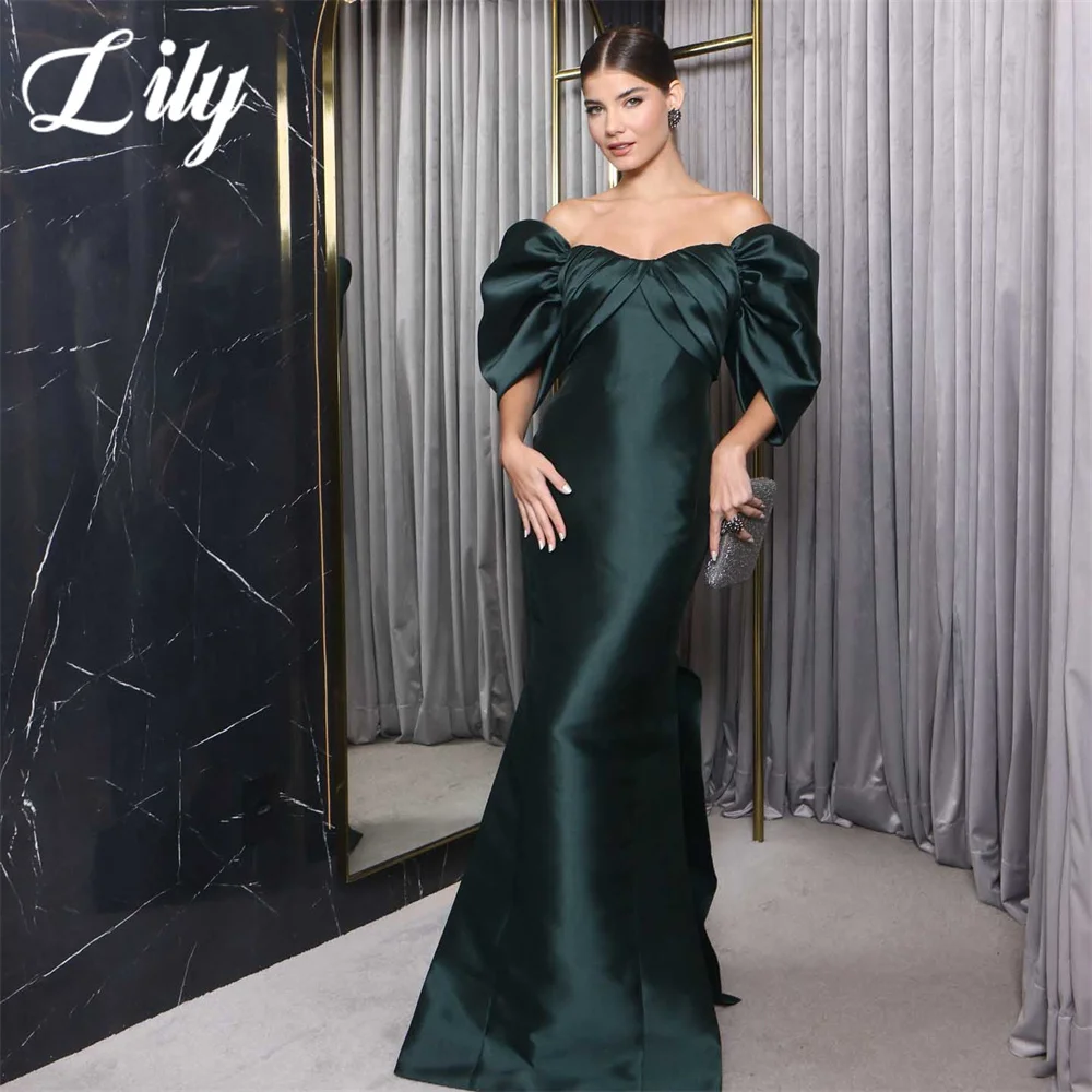 

Lily Simple Green Prom Dresses Off The Shoulder V-Neck Evening Dress with Pleats Satin Party Dresses Sexy Trumpet Robe De Soirée