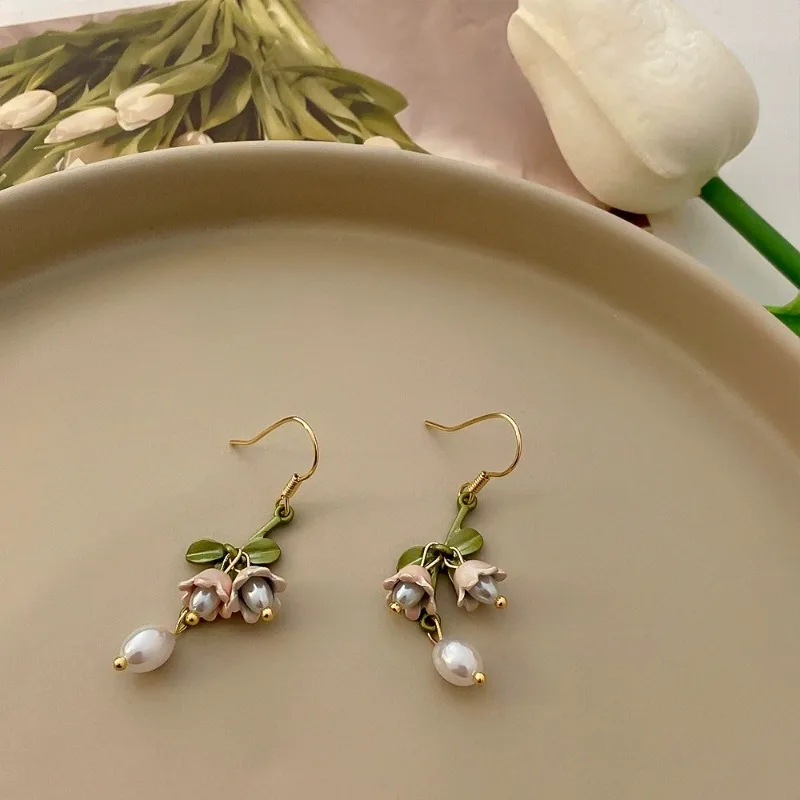 أقراط زنبق الوادي الأبيض + سوار + قلادة ~ أقراط ربيع موري الخالدة للغاية، مشابك أذن، عظمة الترقوة للفتيات #3