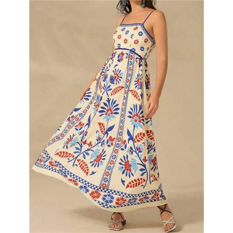 【SEE】สตรี 2025 ฤดูร้อนชุดแม็กซี่ลายดอกไม้แขนกุดสายสปาเก็ตตี้พิมพ์ Smocked Boho ชุดเดรสยาวชายหาด