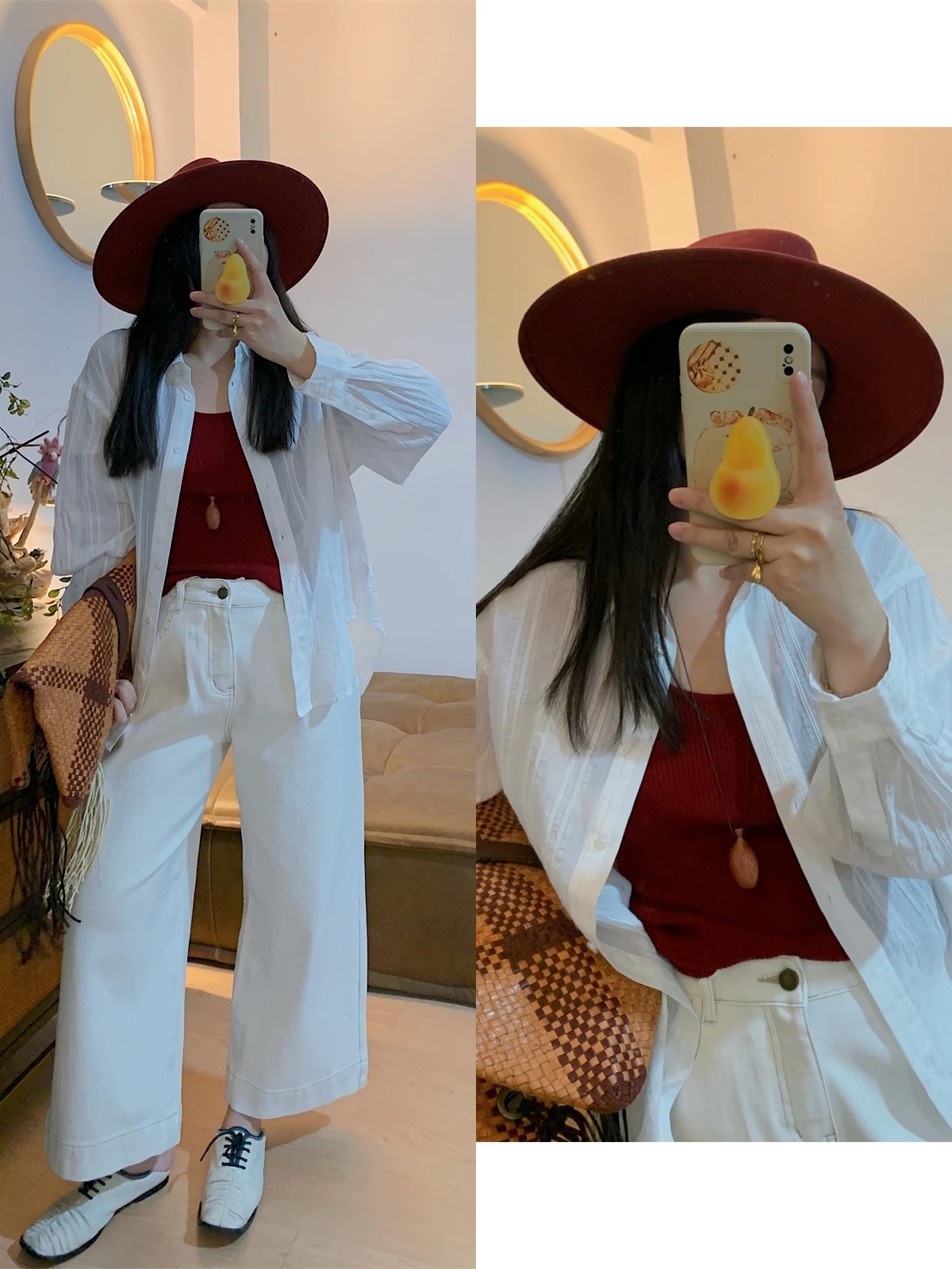 

QinEition Women's Loose Long Sve White irt Vertical Stripe Texture Lazy Sle Sun Protection Top Early Autumn Faion