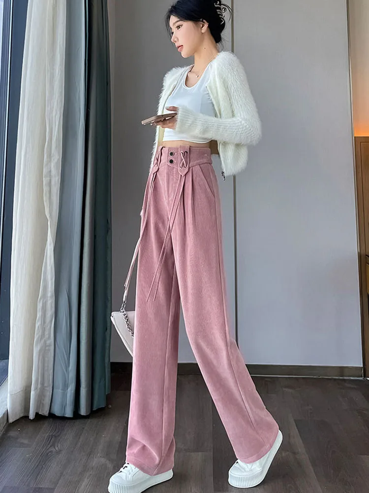 Warm Corduroy Womens Wide Leg Pants Vintage Thick Straight Pantalones Casual Lace-up Plush Velvet Lined Sweatpants Winter Baggy