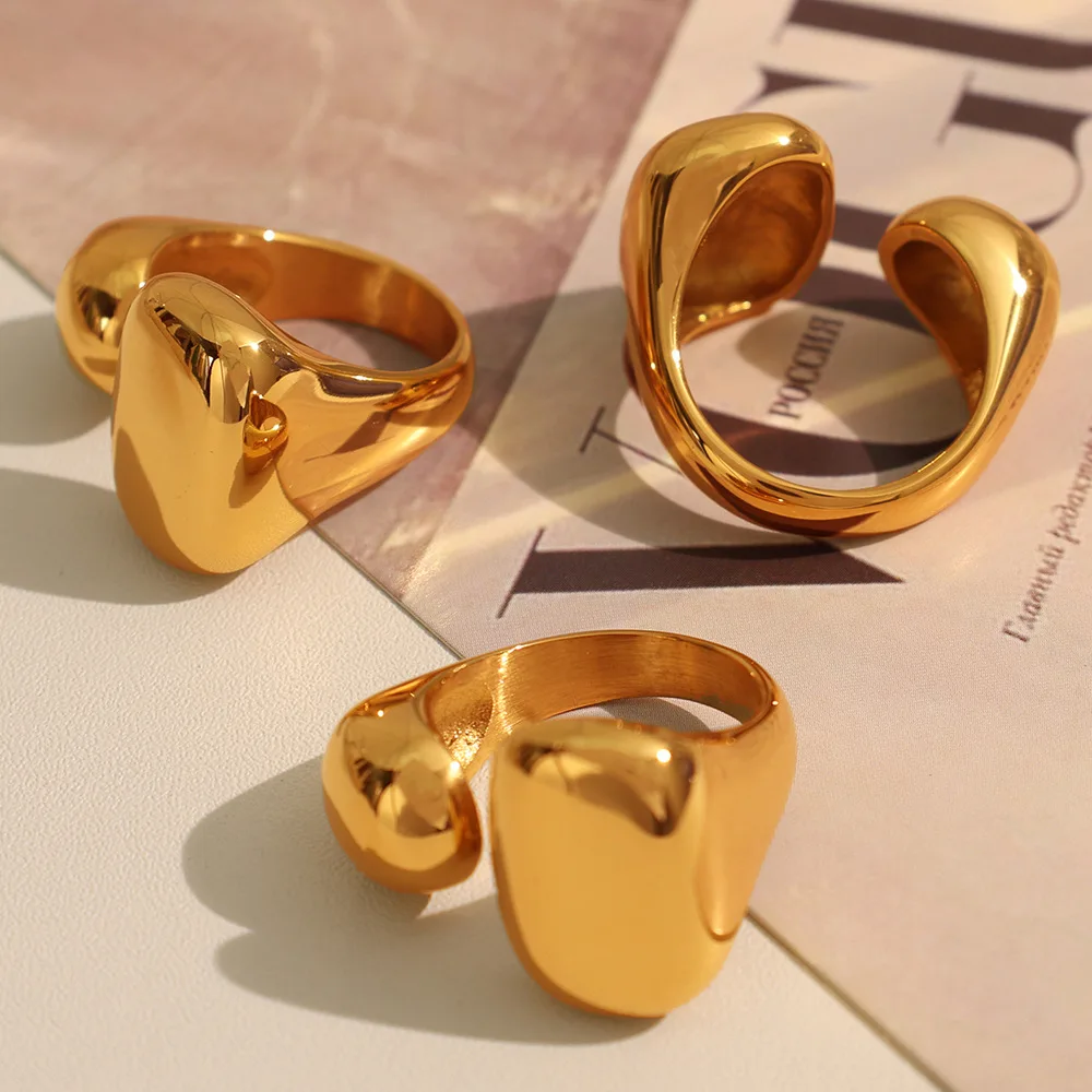 CARLIDANA Chunky Big Gold Plated Ring C-Shaped Opening Water Drop Design Stainless Steel Material Fashionable for Women Gifts