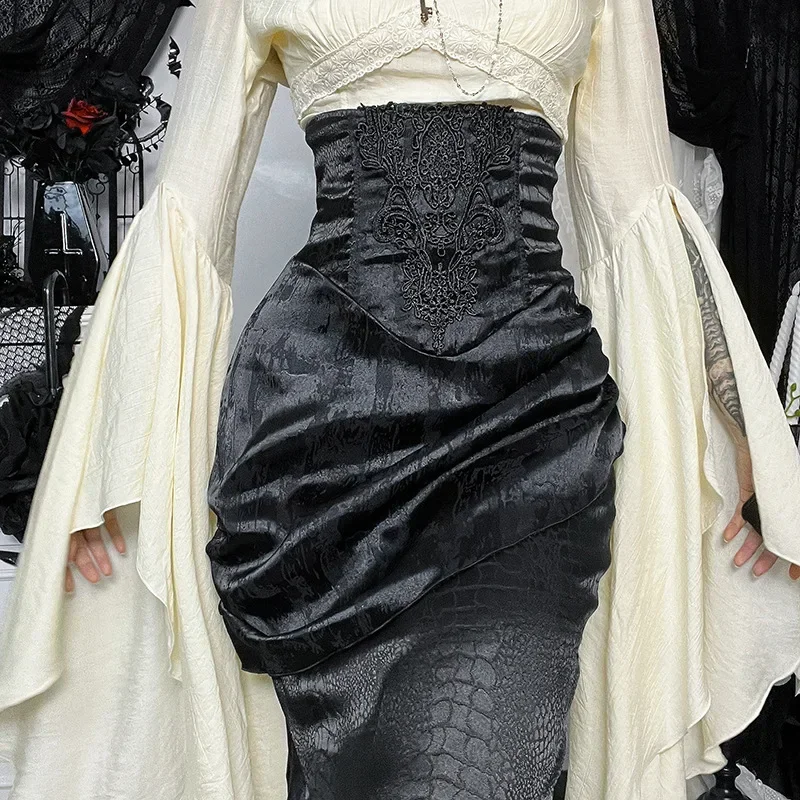 

Dark Goth Elegant Fashion Party Gown High Waist Lace Stitch Mermaid Skirt Female Sexy Pleated Bodycon Skirts Gothic Streetwear