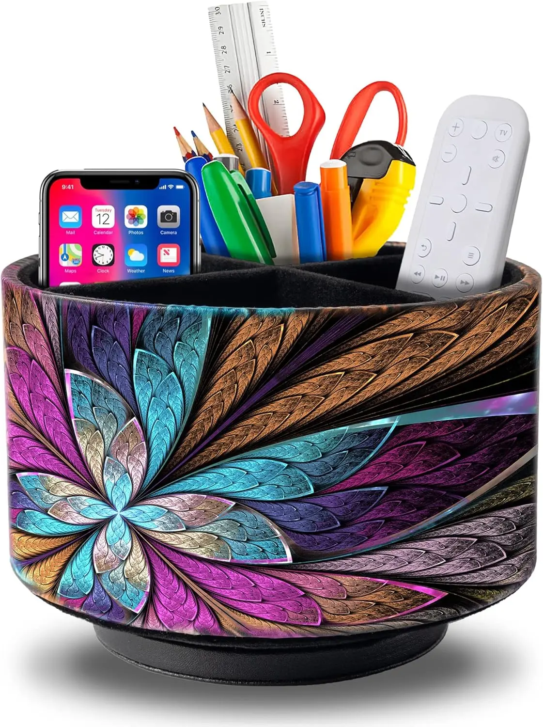 

360° Rotating PU Leather Organizer, 4 Compartments for Remotes, Phones, Makeup, Desk Storage