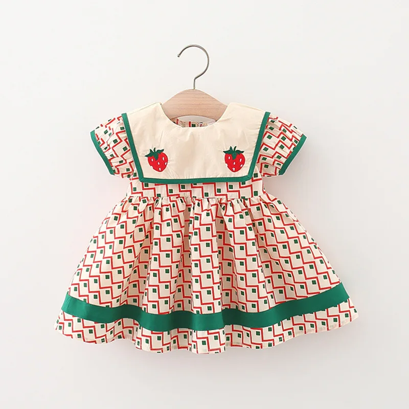 Girls' New Summer Dress With Round Neck And Short Sleeved Navy Collar  Sweet Strawberry Embroidered Cotton Dress