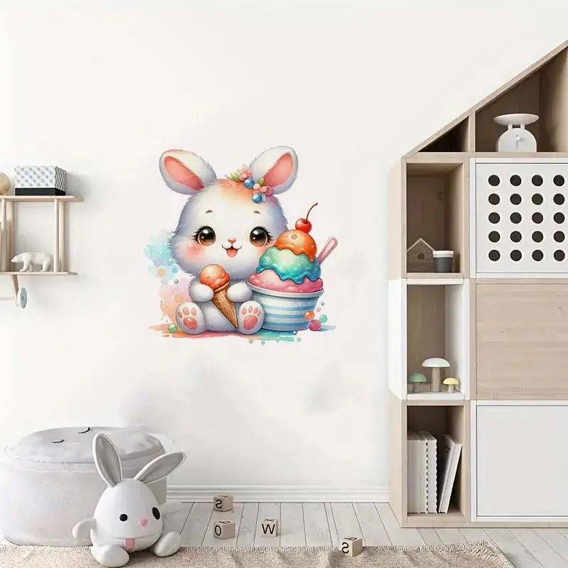 Cute Rabbit Deer Penguin With Ice Cream Wall Sticker Kids Room Cabinet Bedroom Refrigerator Home Decoration Animal Decals S310
