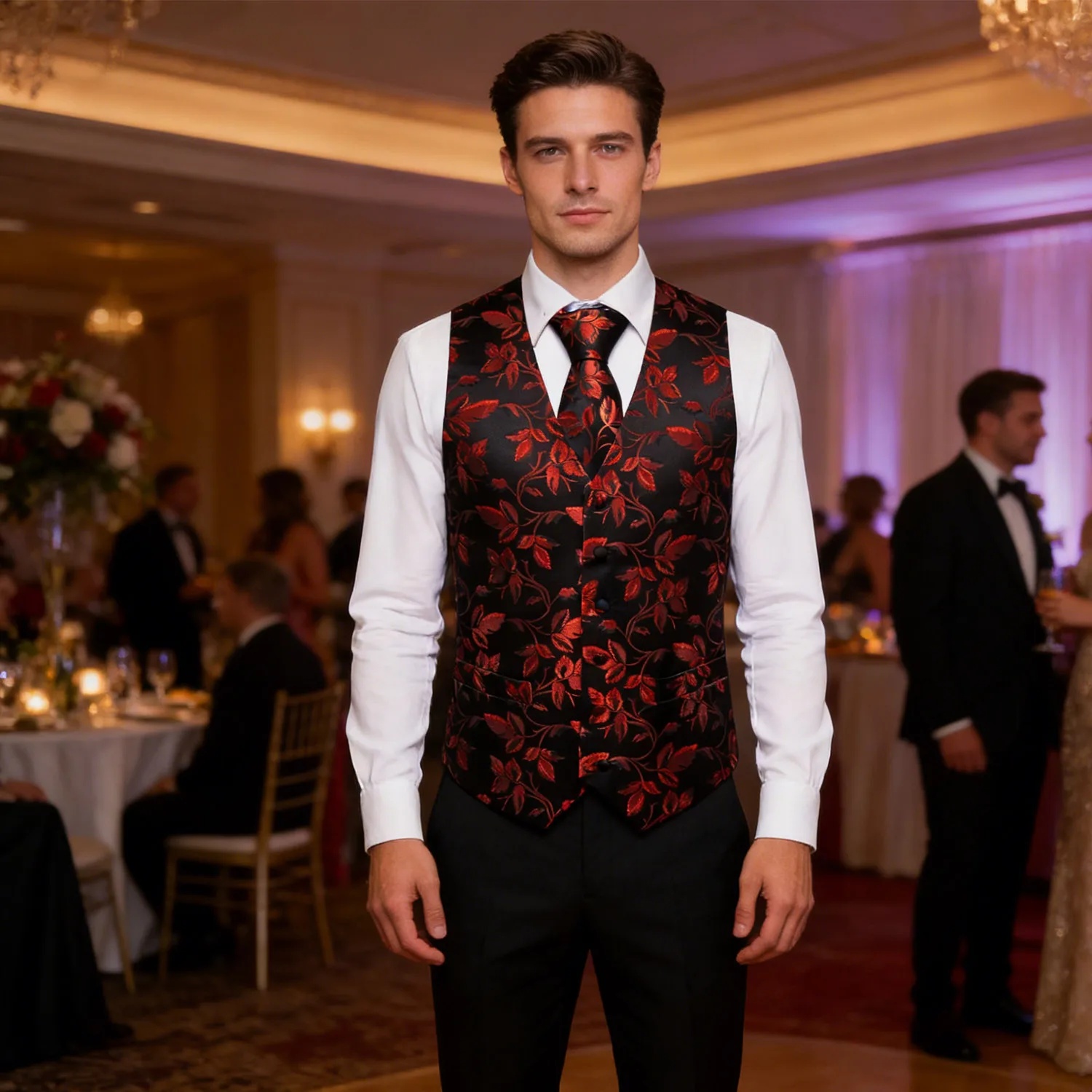 

Men's Suit Vest Woven Jacquard Blue Green Red Floral Waistcoat Necktie Pocket Square Handkerchief Wedding Party Business Gift