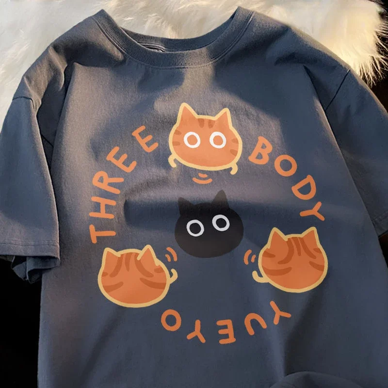 Japanese Cotton Cute Three Body Cat Short Sleeve T-shirt for Men and Women Couples Summer Loose Versatile Half Sleeve Top
