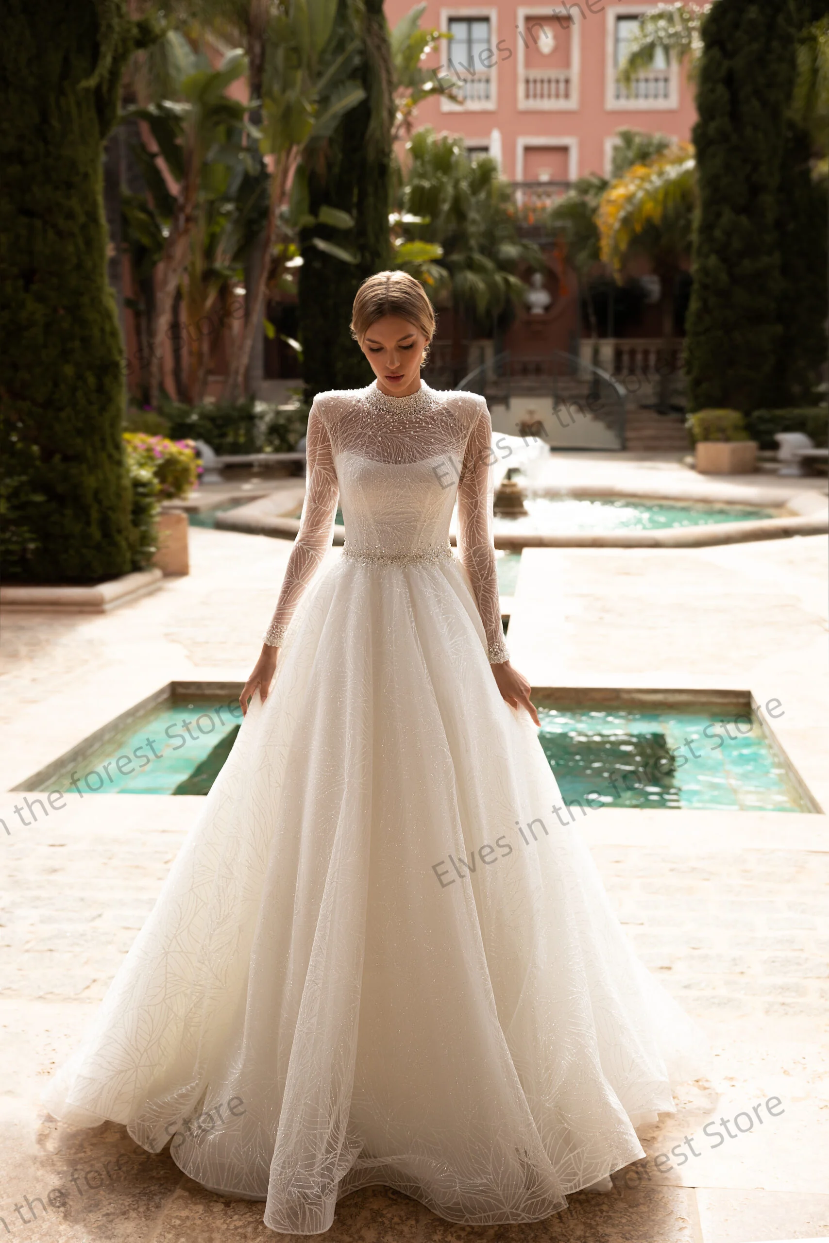 Stunning A Line Women Wedding Dress O Neck Full Tulle Sleeve Bridal Gowns Customized Shiny Beads Long Vestidos De Mariee
