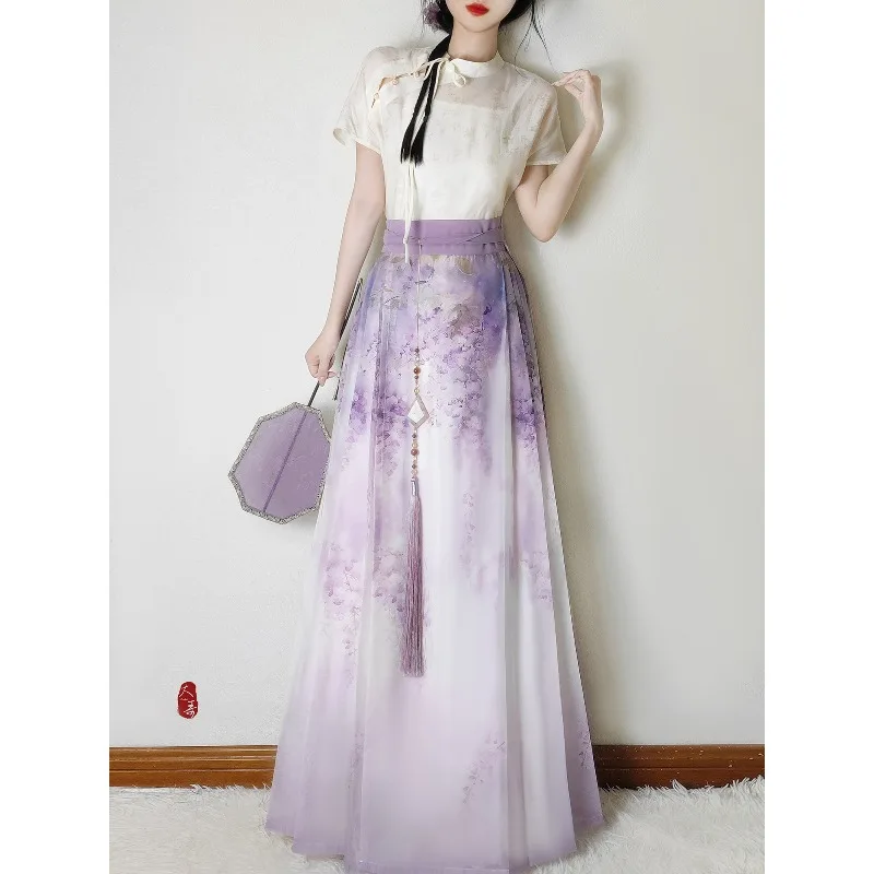 

2025 summer new high-texture printed horse skirt women's light and breathable national style gauze skirt, daily thin Hanfu skirt
