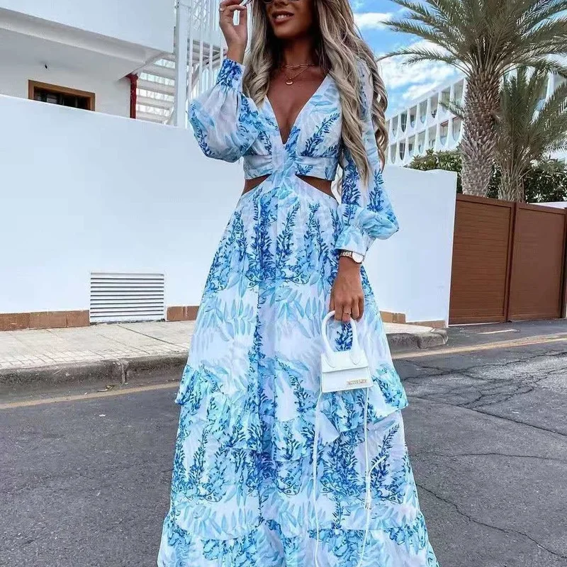 

Boho Beach Long Dress Sexy Hollow Out Deep V Neck Summer Bohemian Women's Dress Print Ruffle Party Long Sleeve Maxi Dresses