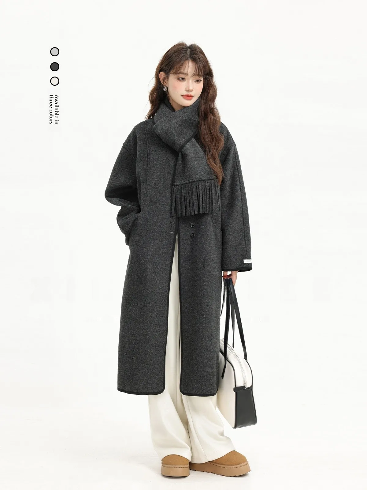 

Ele Autumn Winter Woolen Coat with Tassel Loose Slimming Women's Outerwear Korean Sle Straight Cut Long Sve Coat