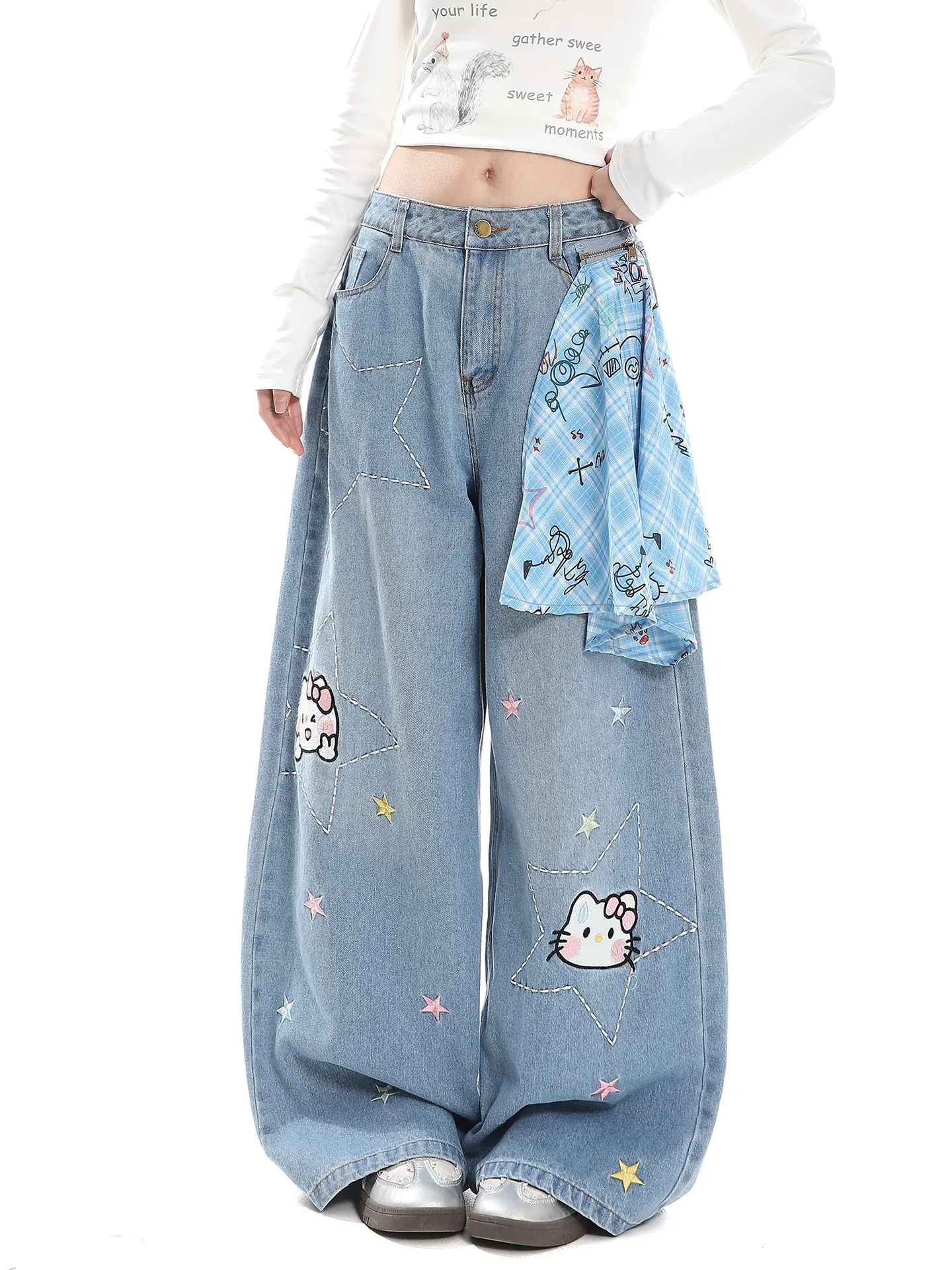 

American Cartoon Sle Star Embroidered Loose Wide Leg Jeans Women's Spring Autumn Denim Pants Vintage Long Trousers