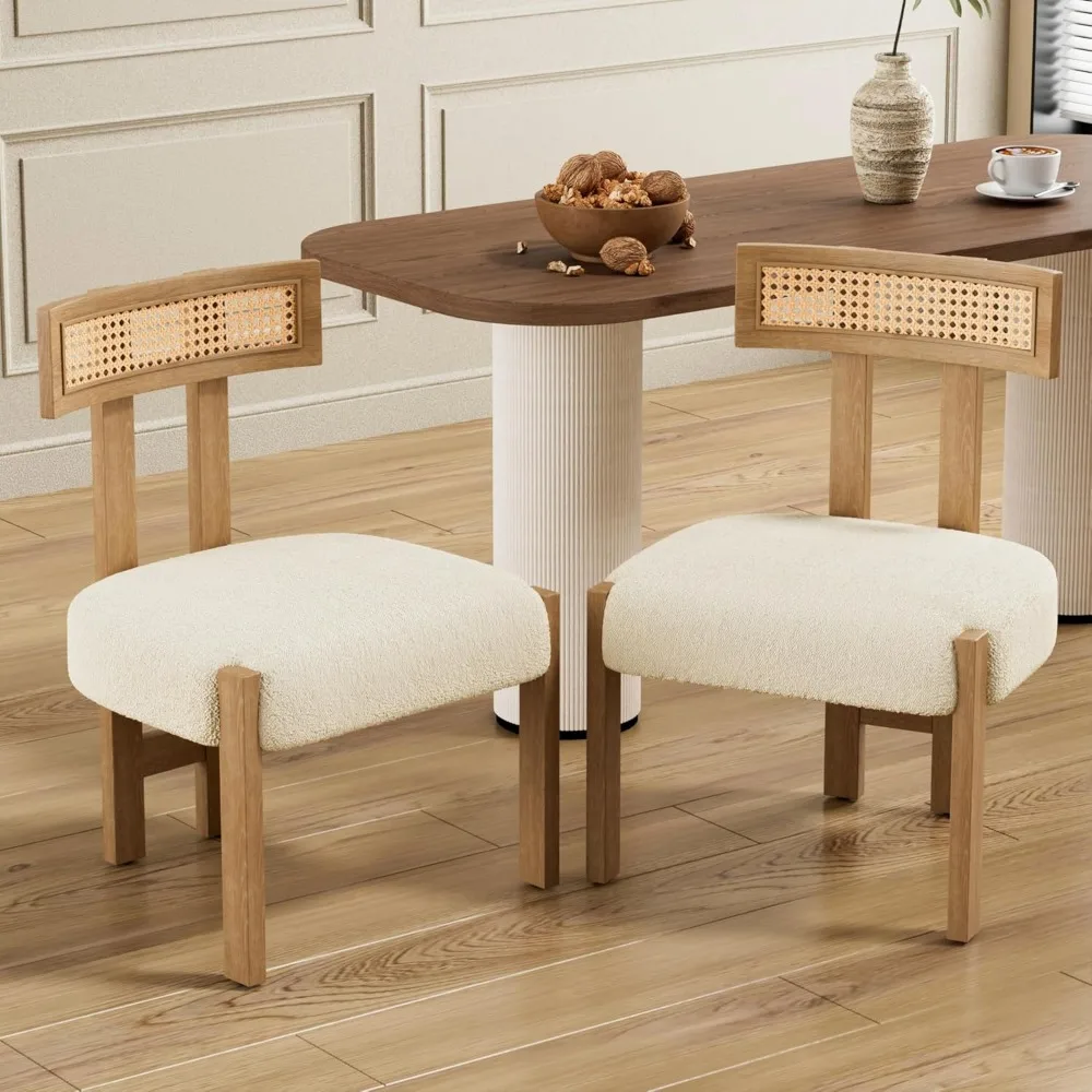 مجموعة كراسي تناول الطعام الحديثة في منتصف القرن مكونة من 4 قطع، كراسي مطبخ منجدة مستديرة بدون ذراع مع أرجل خشبية وتصميم خلفي للقصب #5