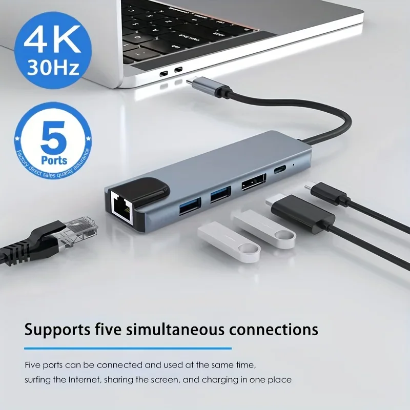 USB C Hub Multiport Adapter, 5-in-1  C to Ethernet  C to HDtvAdapter,Ethernet Port,  3.0 Port for  Pro