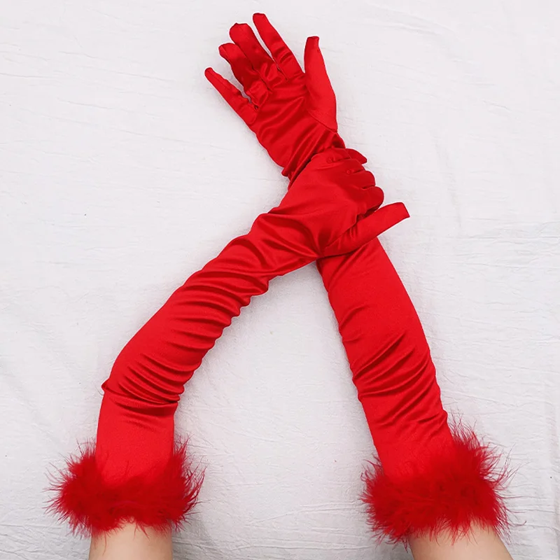 

55cm Silk Satin Dance Party Gloves Elastic Long Female Cuff Feather Elegant Red Halloween Makeup Party Opera Stage Gloves