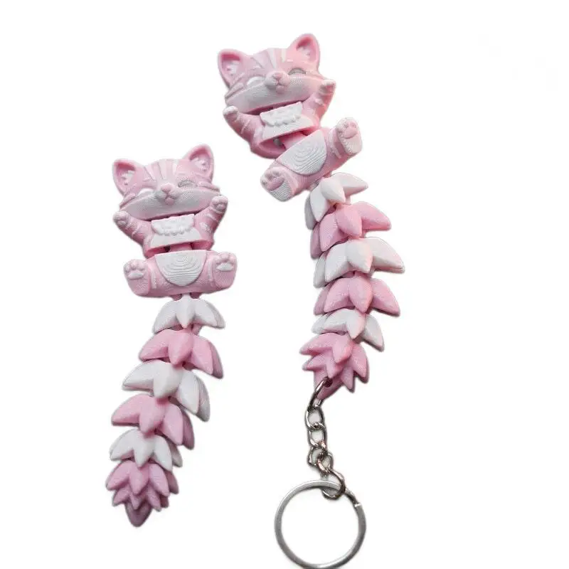 3D-gedruckter rosa Katzen-Schlüsselanhänger mit beweglichem, flexiblem Schwanz, niedliches Cartoon-Design zur Rucksackdekoration, Geschenk für Katzenliebhaber – Detail 5