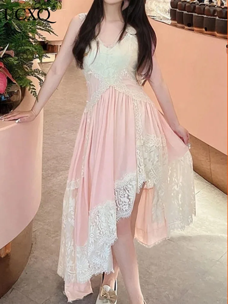 

UCXQ Elegant Long Dress Fairy Style Strapless Waist Irregular Ruffle Edge Splicing Fashion Dresses Women 2024 Spring Summer 9741