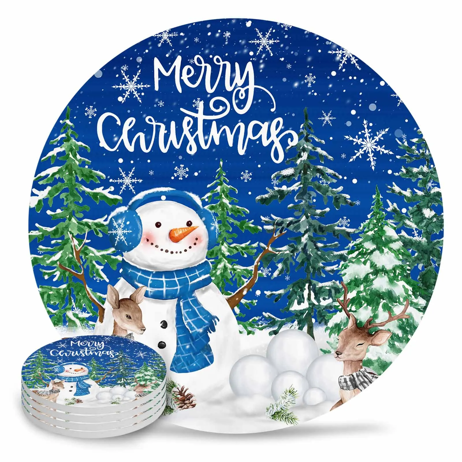 Blue Snowman Christmas Tree Snowflake Deer Round Coaster Coffee Table Mats Kitchen Accessories Absorbent Ceramic Coasters