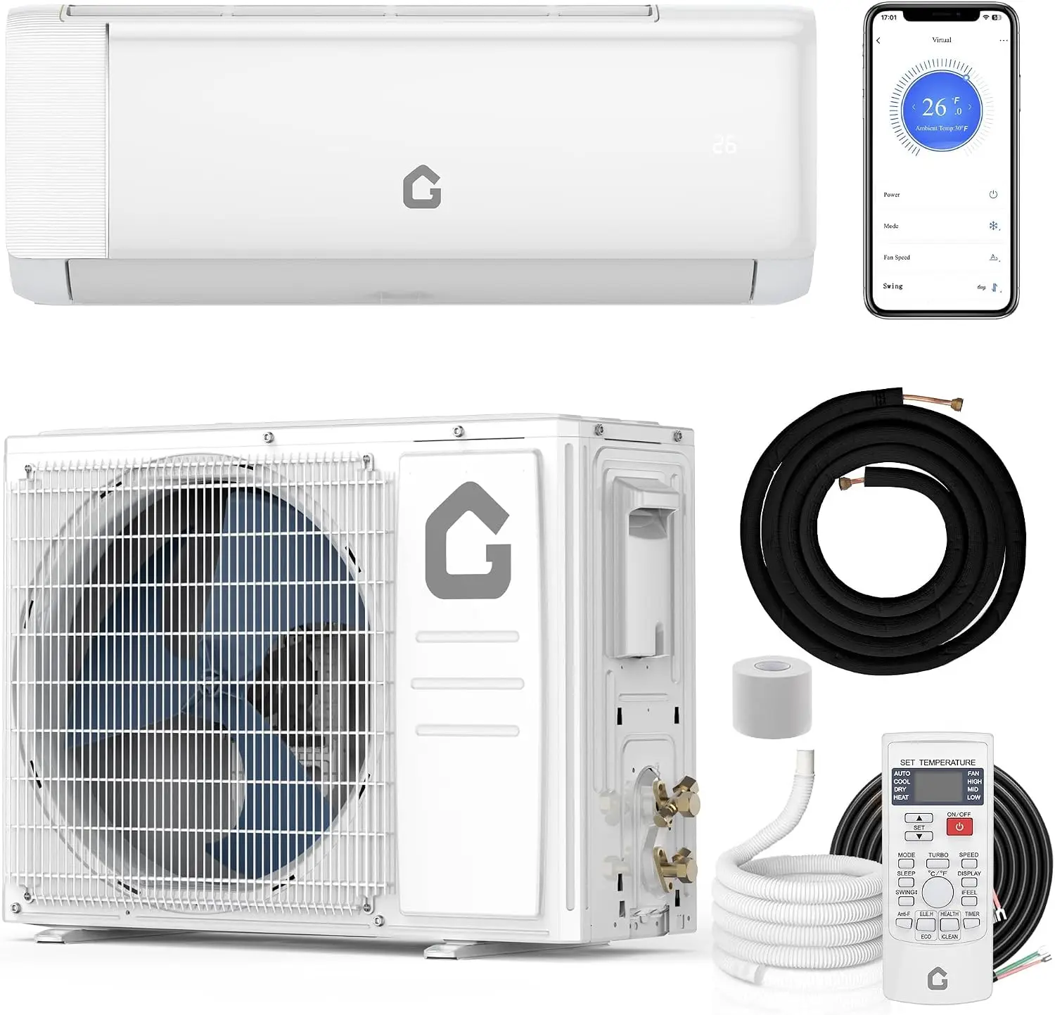 

9000 BTU Mini Split AC w/Remote Control19 SEER2 Cools Up to 450 Sq. Ft,230 V Ductless Inverter Mini Split System w/0.75 Ton Heat Pump Pre-Charged & Installation Kit, Ultra-Quiet