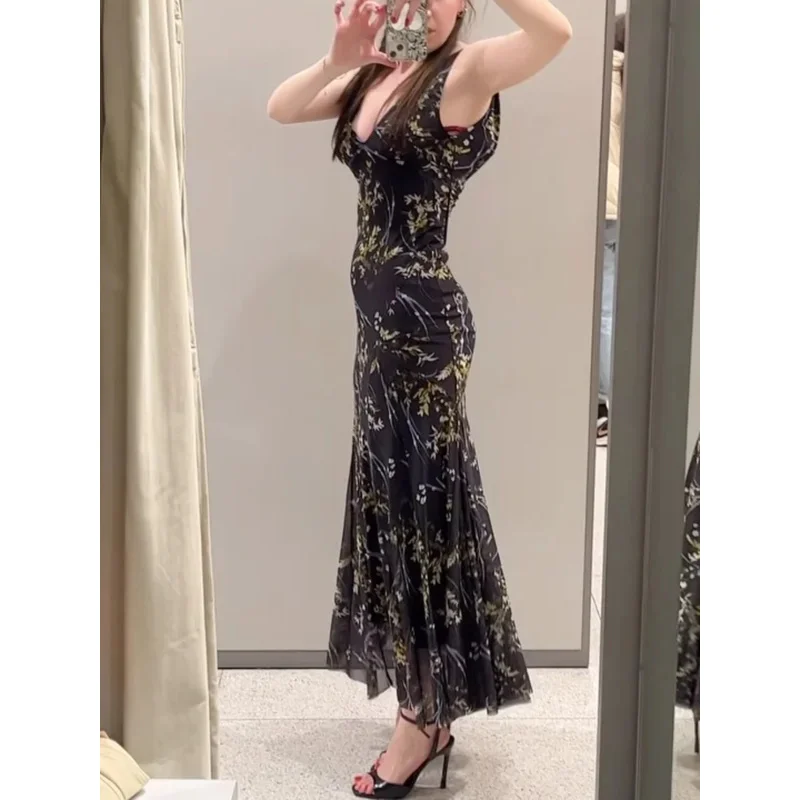 Vestido feminino vintage com suspensório para férias, estampa floral, malha, decote em v, halter, maxi vestido, novo verão, praia, festa