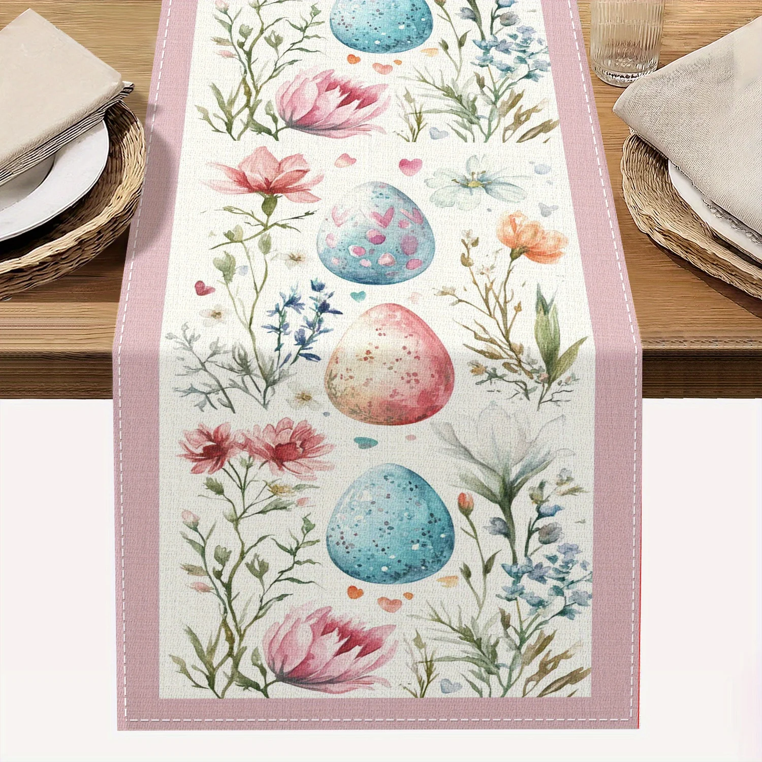 1-Osterei-Tischläufer mit Blumenmuster, 2D-Einzeldruck, elegante Heimdekoration, Esstisch-Accessoire, Aquarell, funktionell, mit Feiertagsmotiv