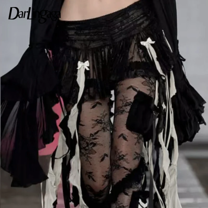 Darlingaga Fashion Design Y2K Lace Skirt Ruffles Fold Hottie Sexy Party Mini Skirt See Through Bow Pleated Cottagecore Clothing