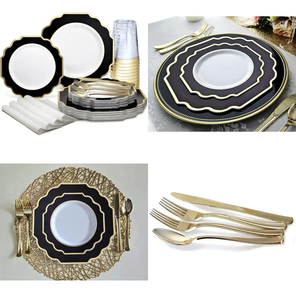 

Disposable Wedding Dinnerware Set for 25 Guests: 200 Pieces Heavyweight Plastic Plates and Cutlery, 10.5 & 8 Dinner Plates, Silv