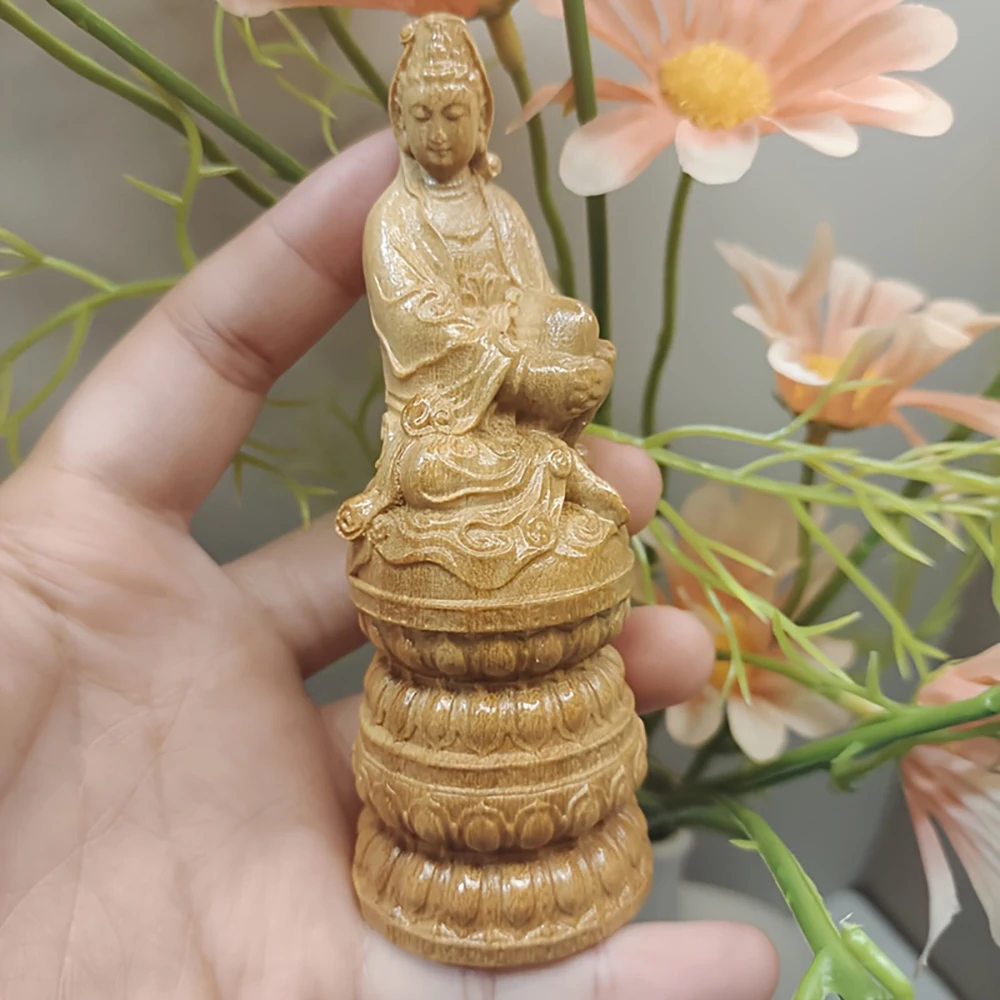 Guanyin Wooden Sculpture in a Meditating Posture with Finely Carved Clothing Details, a Minimalist Art Piece for the Living Room or Entryway