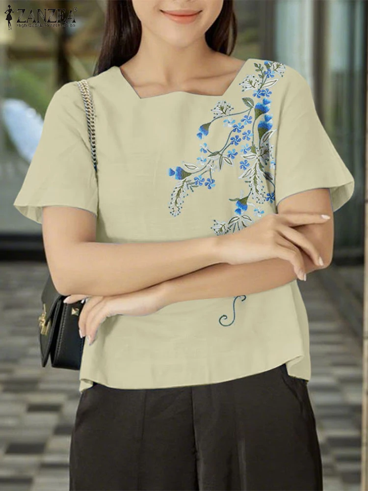 ZANZEA Fashion Summer Women Blouses Vintage Embroidery Shirts 2025 Tunic Tops Casual Loose Square Collar Short Sleeve OL Blusas