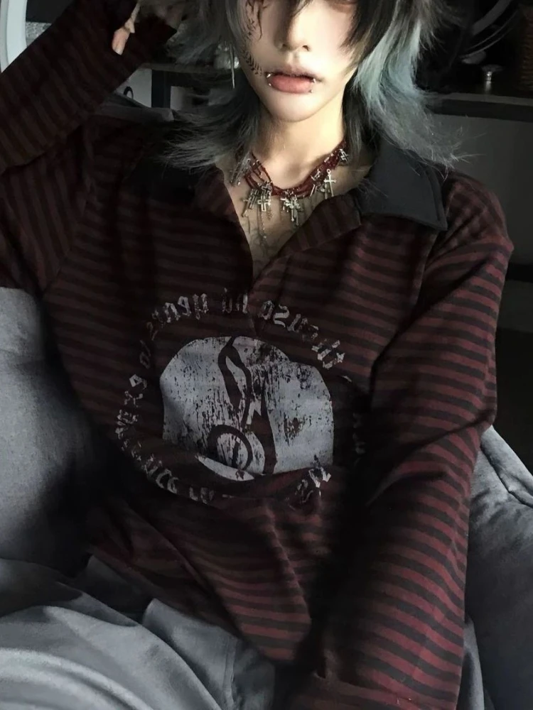 

HOUZHOU Gothic Harajuku Striped T-shirts Women Japanese Style Grunge Graphic Tees Vintage Punk Long Sleeve T-shirt Streetwear