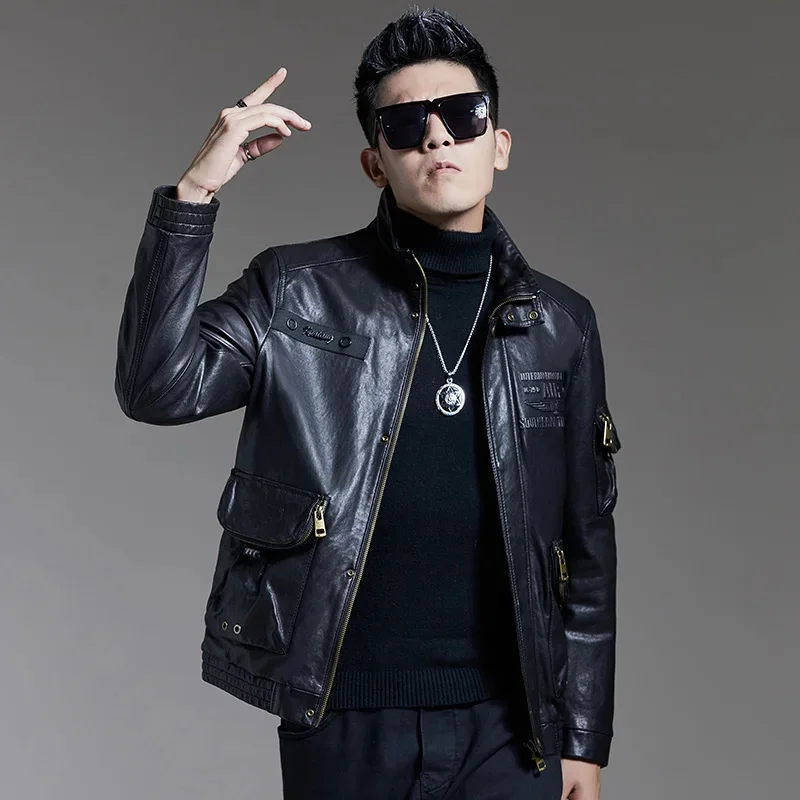 New Arrival Spring and Autumn Genuine Leather Jacket Men Stand Collar Short Print Flying Motorcycle Sheepskin Coat Men's Zamarra