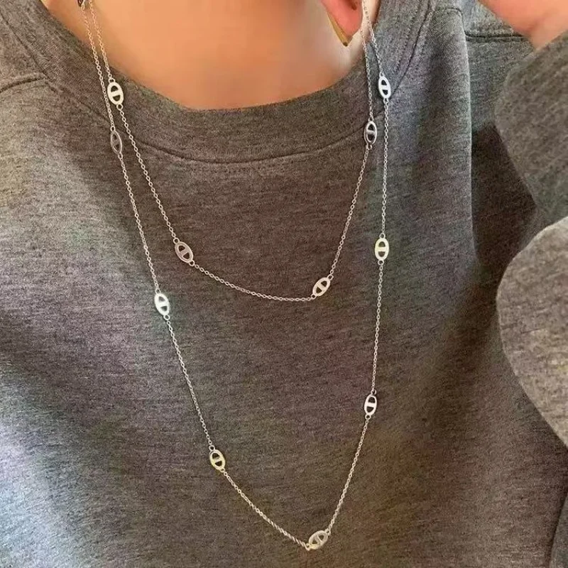 1 pieza Simple apilable nariz de cerdo estilo de moda Metal Color plata collar largo cadena de suéter