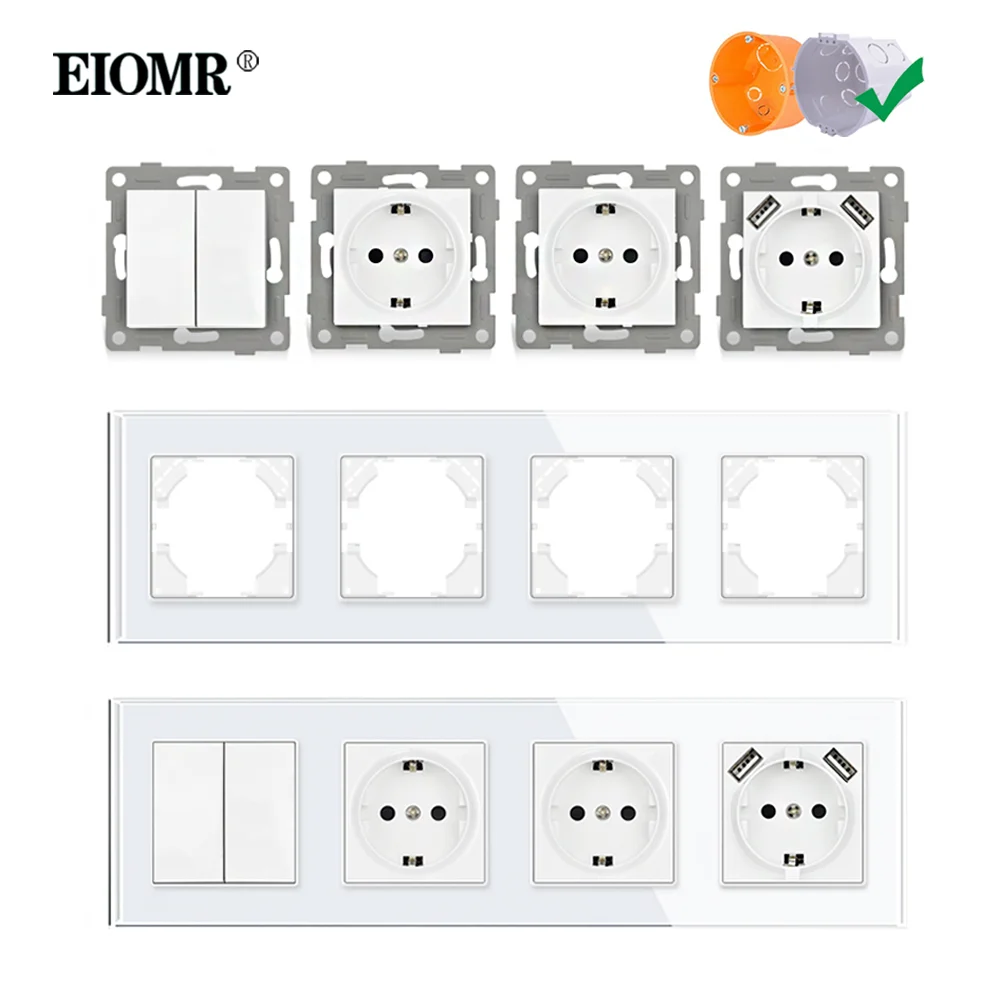 EIOMR K1 Series Multiple Frames White Crystal Glass Panel EU FR Sockets and Switches Dimmer Fan Foot Lamp Rj45 Outlet Module DIY