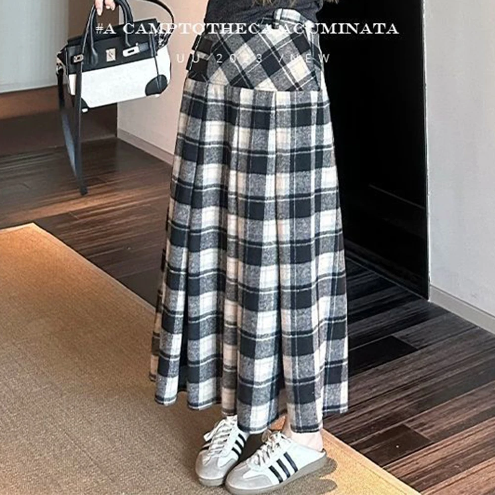 

British style niche waist loop plaid woolen skirt for women autumn winter high waist mid length A-line pleated long skirt