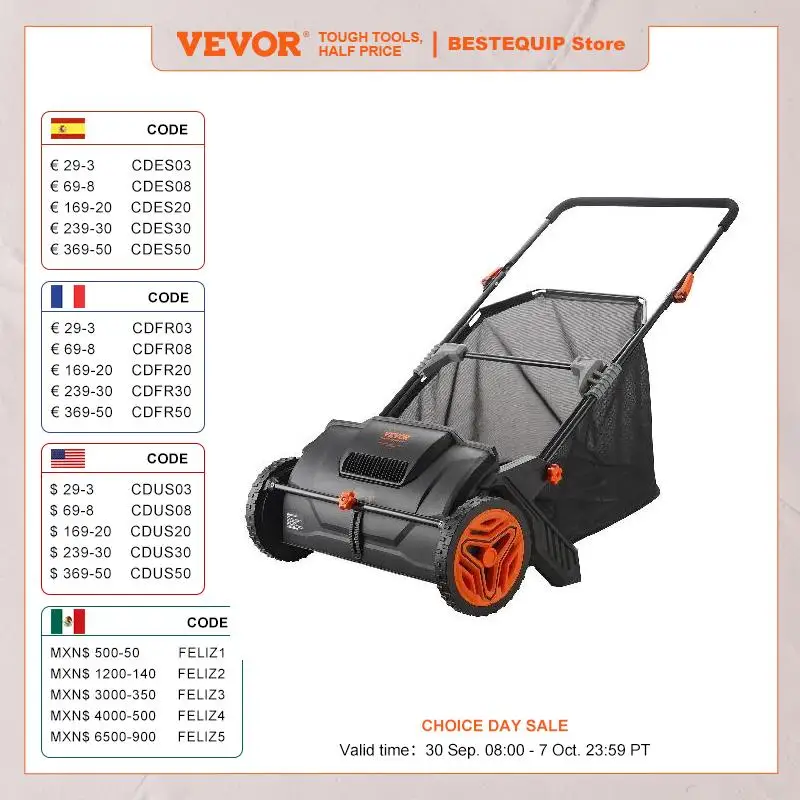 

Уборочная машина для газона VEVOR Push 3.5cu.ft 21in, коллектор листьев травы, стальная прочная емкость, сетчатый коллекционный бункер с сумкой, 2 вращающихся щетки