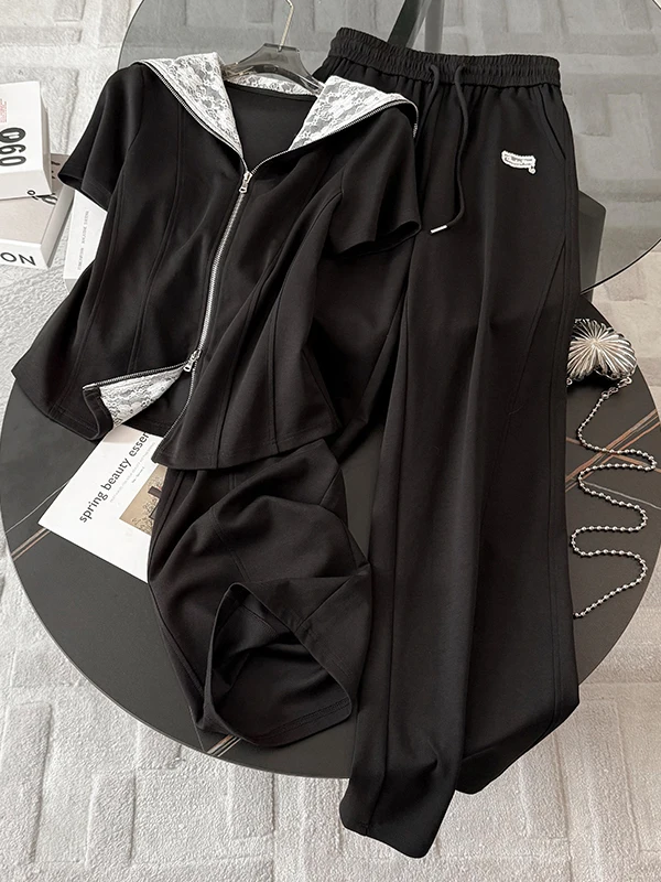

Casual Sporty Lace Short Sleeve Top Wide Leg Pants Two Piece Set for Women Summer 2026 Fashion Ensemble Black Splicing Design