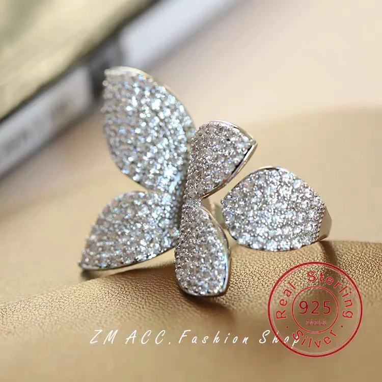 Exaggerated 925 Sterling Silver Oversized Butterfly Flower AAA Cubic Zirconia Rings for Women Promise Love Wedding Band Jewelry